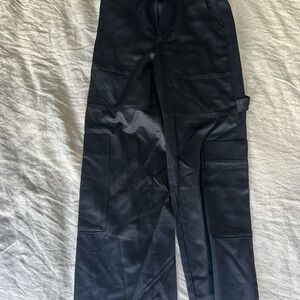 Black silk cargo high rise pants